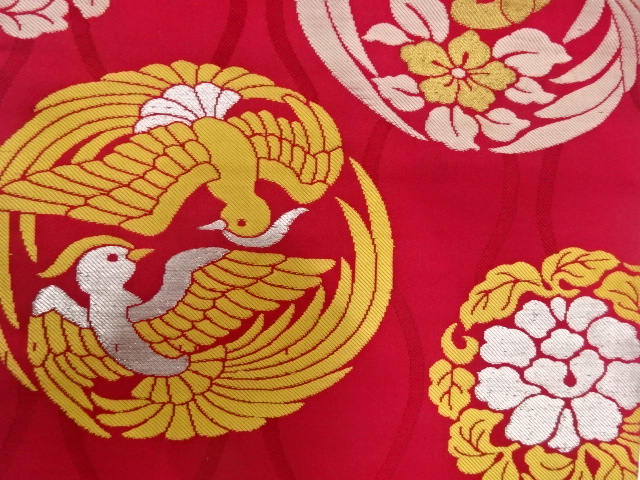 アンティーク　尾長鳥に花模様織り出し名古屋帯